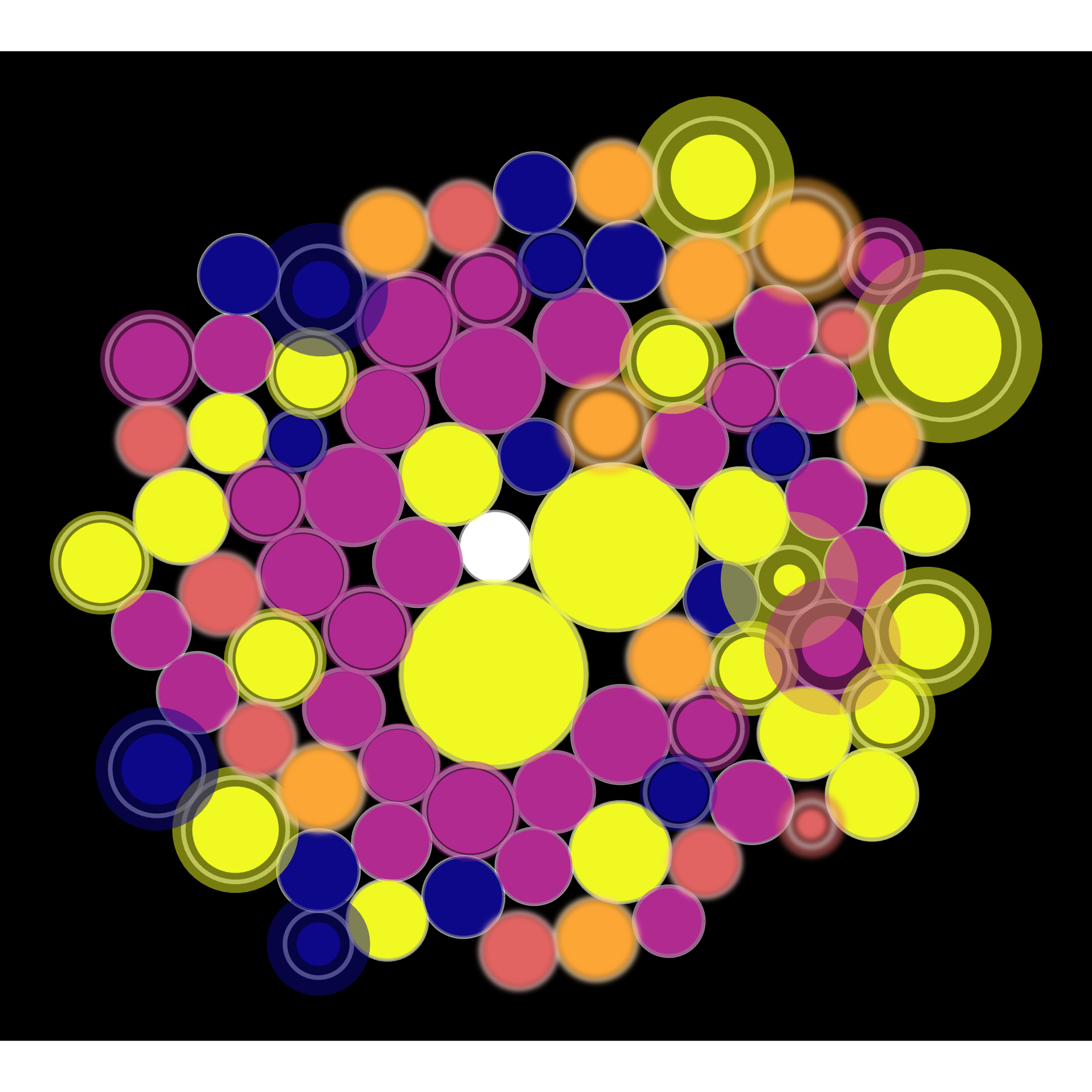 On a black background, 86 circles of different sizes and vibrant colors are packed together, including a small white circle in the middle, and larger yellow, magenta, and purple circles surroundig it; 17 circles are blurred.